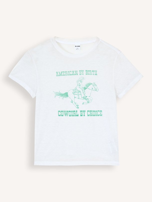 Ontdek de Cowgirl katoenmix slub T-shirt met print van Re/Done in de kleur off-white bij Orangebag. Op werkdagen voor 21:45 besteld, morgen in huis.