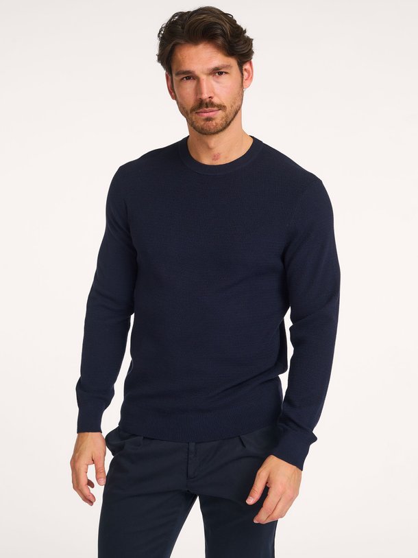 Ontdek de Organic cotton trui met structuur van Profuomo in de kleur donkerblauw bij Orangebag. Op werkdagen voor 21:45 besteld, morgen in huis.