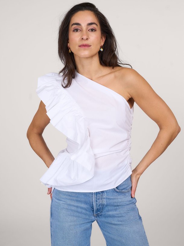 Ontdek de Haven katoenen one shoulder top met volant van Essentiel Antwerp in de kleur wit bij Orangebag. Op werkdagen voor 21:45 besteld, morgen in huis.