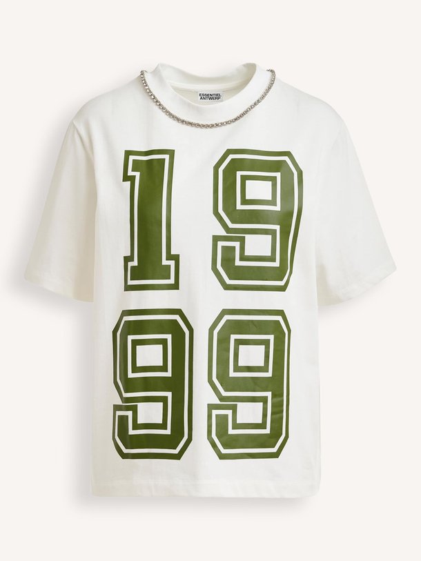 Ontdek de Jisos katoenen T-shirt met print van Essentiel Antwerp in de kleur Off-white bij Orangebag. Op werkdagen voor 21:45 besteld, morgen in huis.