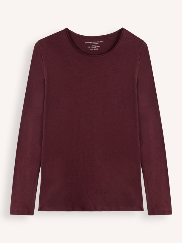 Ontdek de M005 Organic cotton/cashmeremix longsleeve van Majestic Filatures in de kleur bordeauxrood bij Orangebag. Op werkdagen voor 21:45 besteld, morgen in huis.
