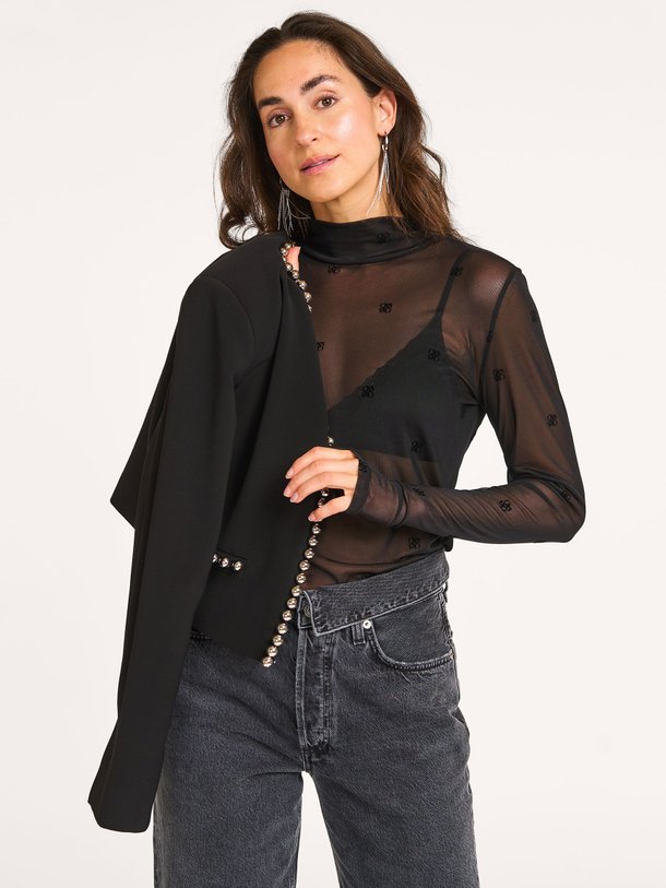 Ontdek de Circe mesh top met velours logo dessin van Dante 6 in de kleur Zwart bij Orangebag. Op werkdagen voor 21:45 besteld, morgen in huis.