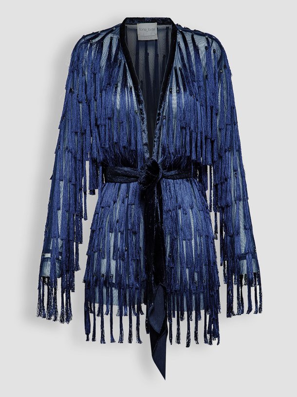 Ontdek de Geweven mesh jasje met franjes van forte_forte in de kleur donkerblauw bij Orangebag. Op werkdagen voor 21:45 besteld, morgen in huis.