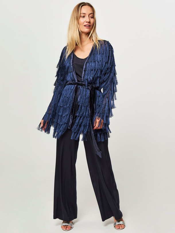 Ontdek de Geweven mesh jasje met franjes van forte_forte in de kleur donkerblauw bij Orangebag. Op werkdagen voor 21:45 besteld, morgen in huis.