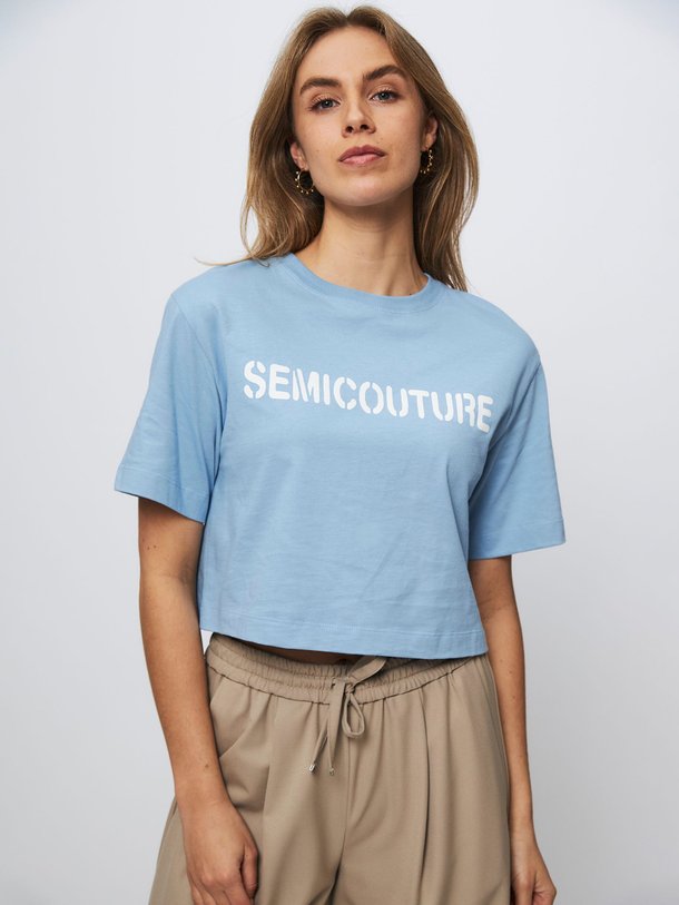Ontdek de Katoenen T-shirt met logo van Semicouture in de kleur lichtblauw bij Orangebag. Op werkdagen voor 21:45 besteld, morgen in huis.