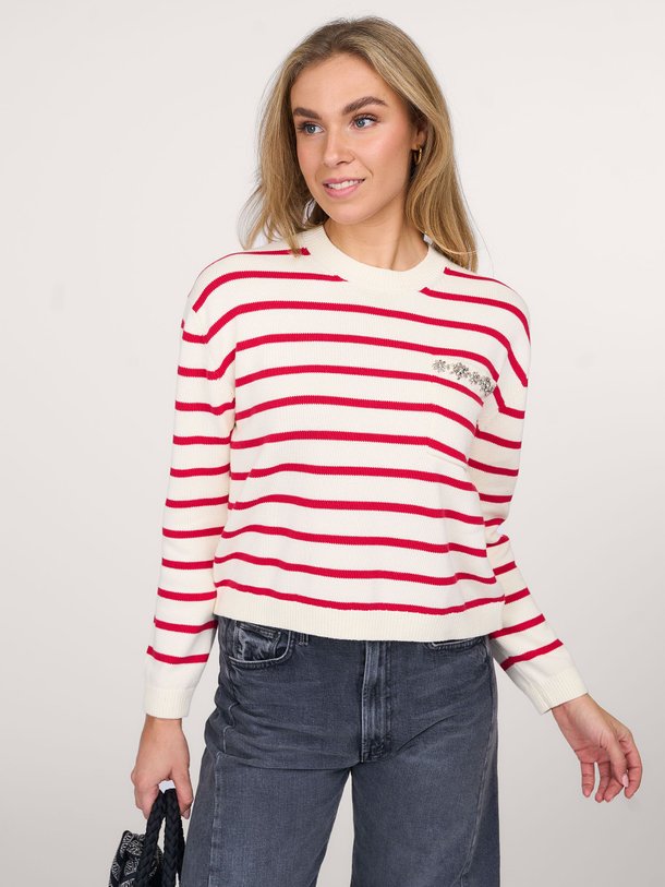 Ontdek de Katoenen gestreepte trui met applicaties van Semicouture in de kleur crème bij Orangebag. Op werkdagen voor 21:45 besteld, morgen in huis.