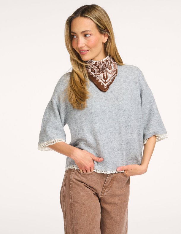 Ontdek de Eris wolmix gemêleerde top met kant van Karen By Simonsen in de kleur Grijs bij Orangebag. Op werkdagen voor 21:45 besteld, morgen in huis.