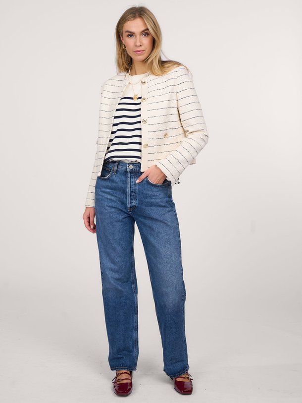 Ontdek de Katoenmix jasje met gestreept dessin van Semicouture in de kleur off-white bij Orangebag. Op werkdagen voor 21:45 besteld, morgen in huis.