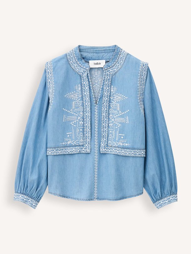 Ontdek de Laura denim top met borduursels van ba&sh in de kleur Blauw bij Orangebag. Op werkdagen voor 21:45 besteld, morgen in huis.