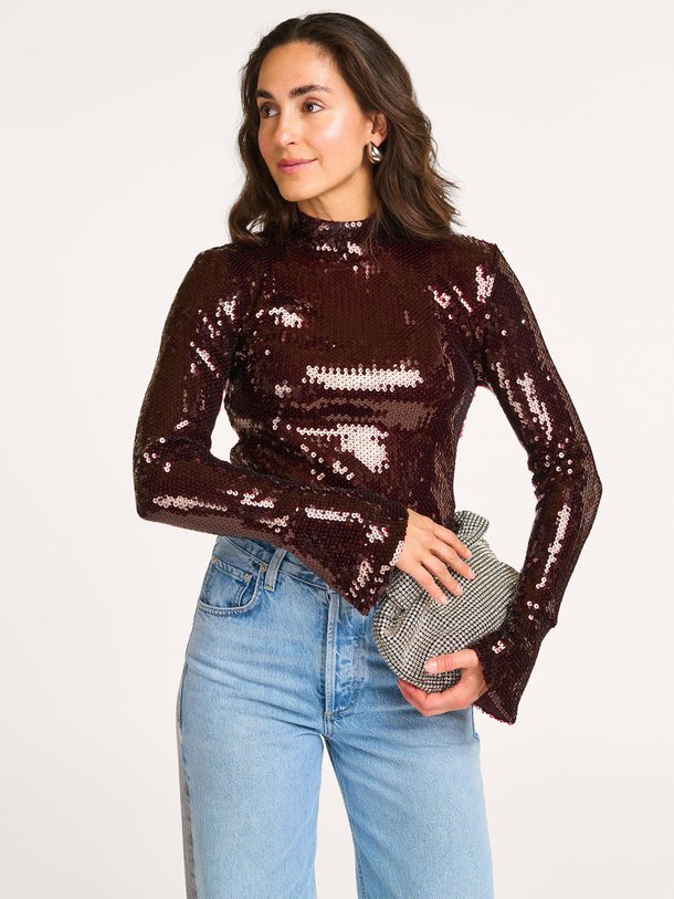 Ontdek de Paige geweven top met pailletten van Dante 6 in de kleur Bordeauxrood bij Orangebag. Op werkdagen voor 21:45 besteld, morgen in huis.