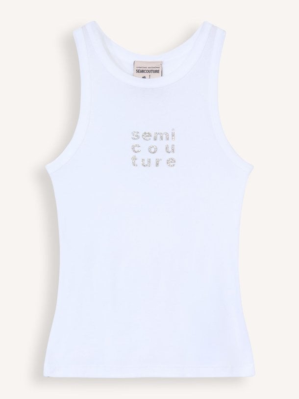 Ontdek de Modal/katoenmix tanktop met strass logo van Semicouture in de kleur wit bij Orangebag. Op werkdagen voor 21:45 besteld, morgen in huis.