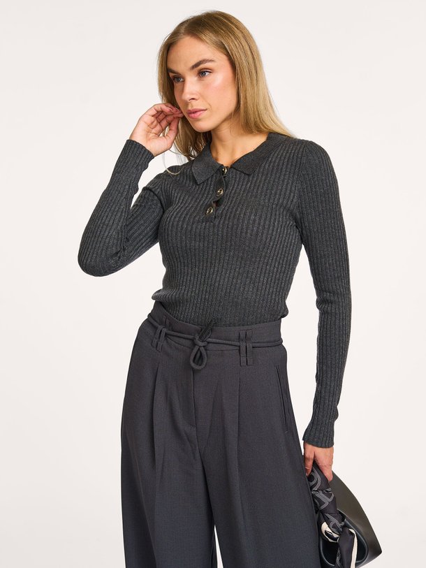 Ontdek de Flores wolmix rib polo top van Aaiko in de kleur donkergrijs bij Orangebag. Op werkdagen voor 21:45 besteld, morgen in huis.