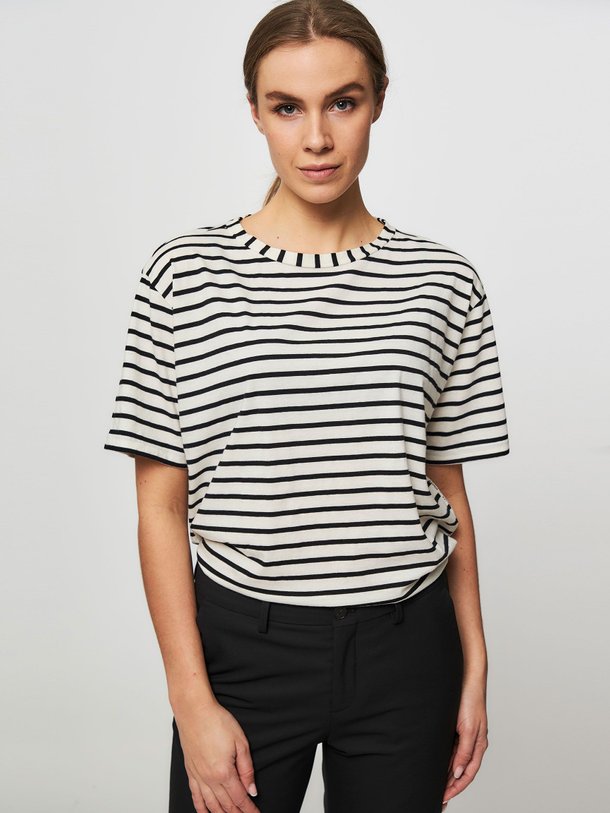 Ontdek de Katoenen T-shirt met gestreept dessin van 10Days in de kleur wit bij Orangebag. Op werkdagen voor 21:45 besteld, morgen in huis.