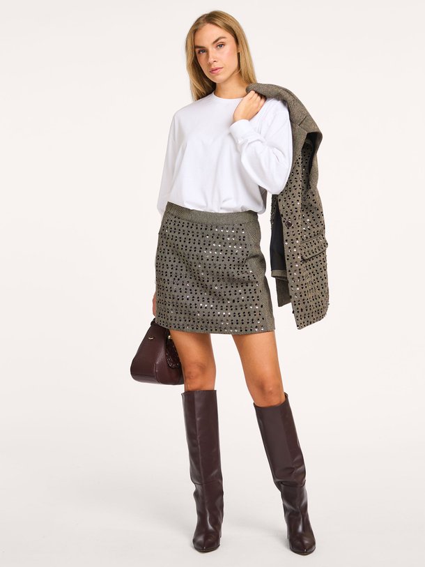 Ontdek de Ariana wolmix rok met pailletten van Aaiko in de kleur grijs bij Orangebag. Op werkdagen voor 21:45 besteld, morgen in huis.