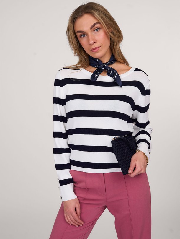 Ontdek de Ezra viscose/katoenmix gestreepte trui van Aaiko in de kleur wit bij Orangebag. Op werkdagen voor 21:45 besteld, morgen in huis.