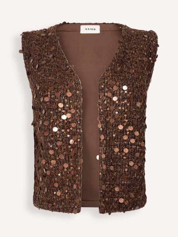 Ontdek de Narin wolmix tweed gilet met pailletten van Aaiko in de kleur bruin bij Orangebag. Op werkdagen voor 21:45 besteld, morgen in huis.