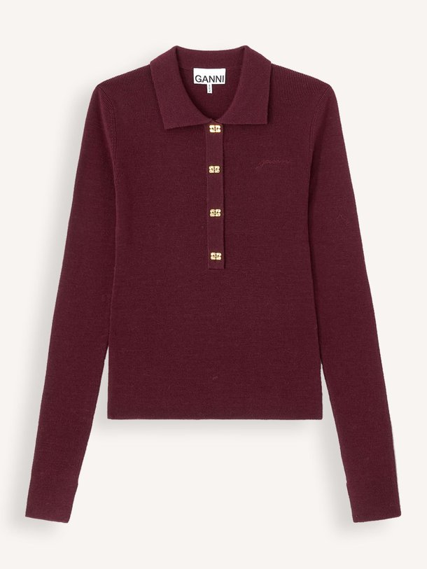 Ontdek de Wollen polo trui van Ganni in de kleur Bordeauxrood bij Orangebag. Op werkdagen voor 21:45 besteld, morgen in huis.