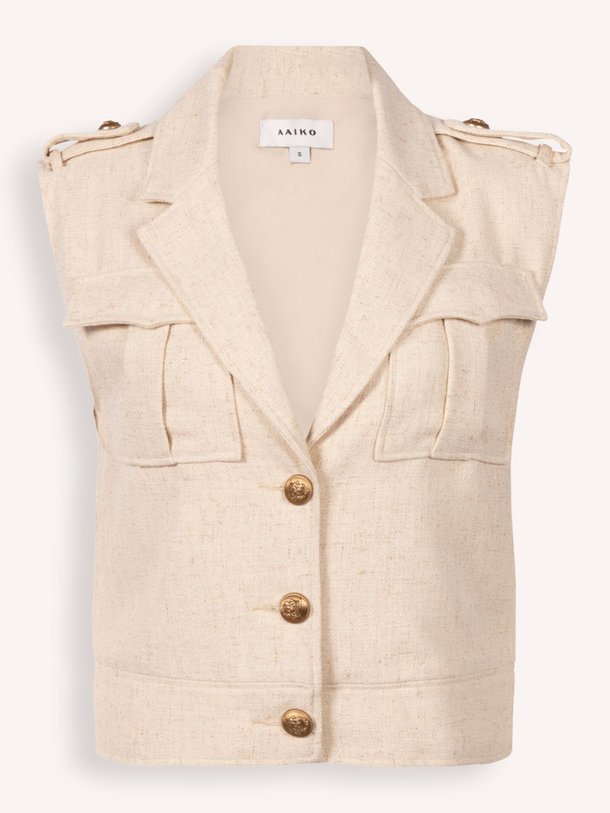 Ontdek de Lynette linnenmix gemêleerd gilet van Aaiko in de kleur crème bij Orangebag. Op werkdagen voor 21:45 besteld, morgen in huis.