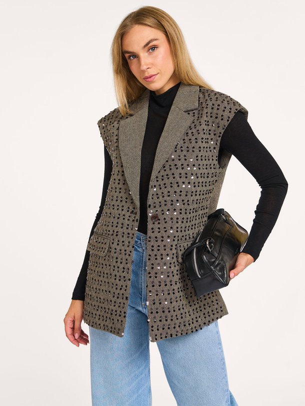 Ontdek de Ivanna wolmix gilet met pailletten van Aaiko in de kleur grijs bij Orangebag. Op werkdagen voor 21:45 besteld, morgen in huis.