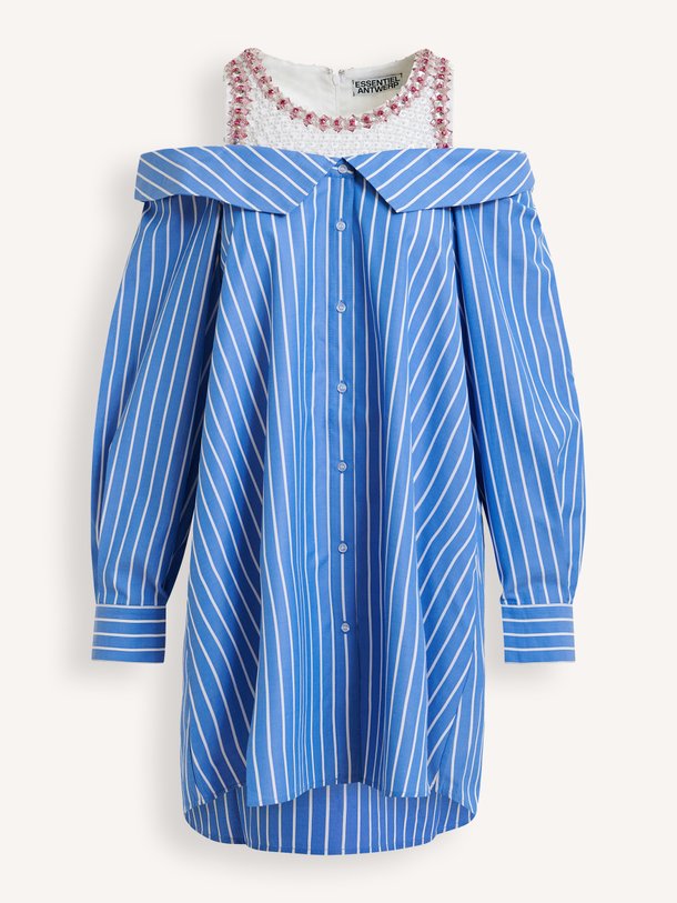 Ontdek de JORI blousejurk van Essentiel Antwerp bij Orangebag. Een speelse blauw-wit gestreepte jurk met unieke off-shoulder details voor een frisse look.