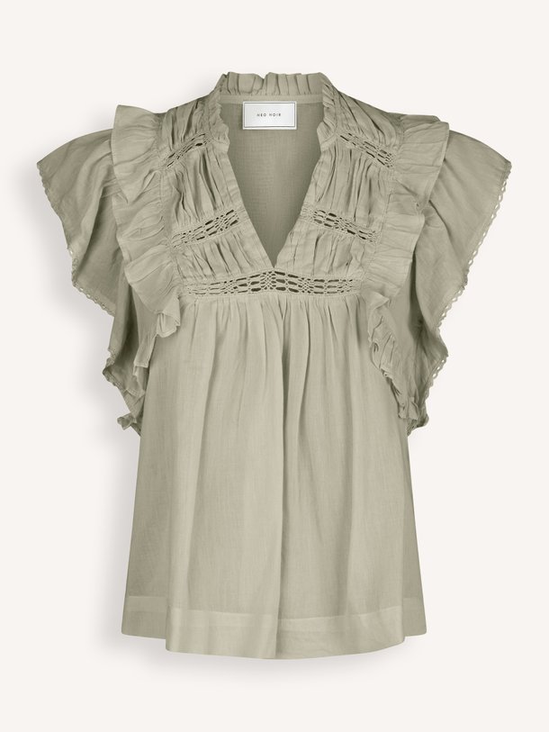 Ontdek de romantische Neo Noir Jayla S Voile Top in saliegroen. Met prachtige ruffles en kanten details. Shop deze katoenen top nu bij Orangebag.
