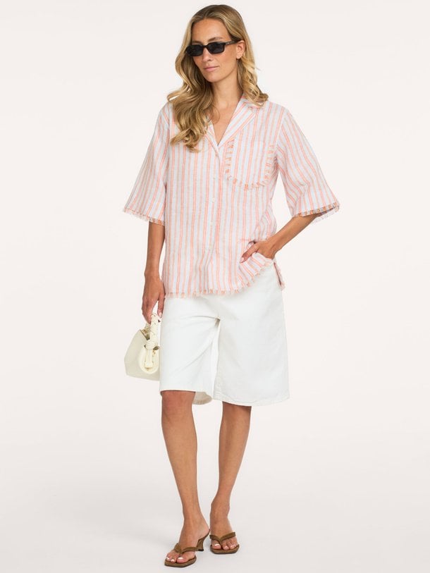 Linen Stripe Bowling Shirt Linnen gestreepte blouse
