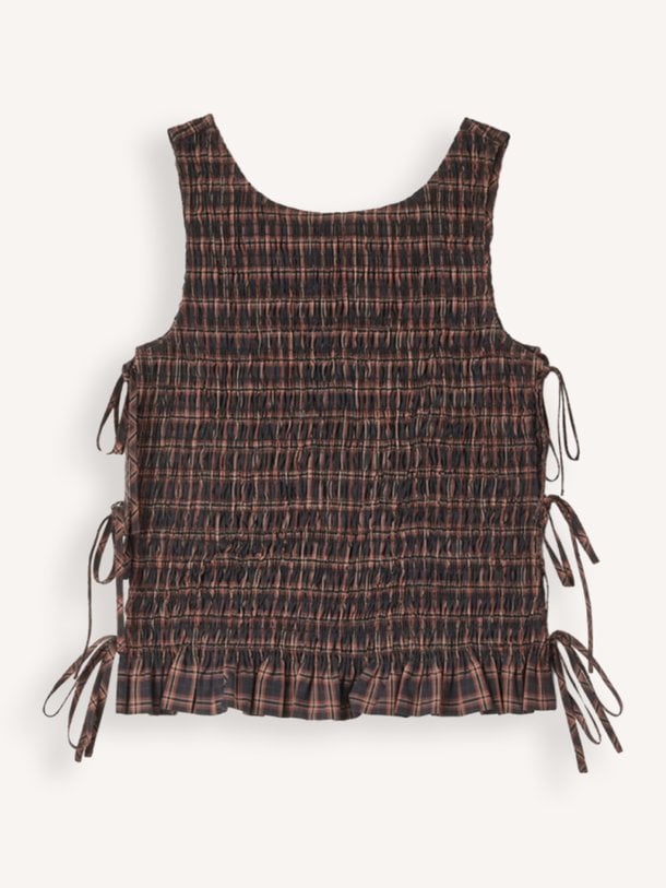 Yarn Dyed Check Smocked Tie String Top Organic cotton geruite top