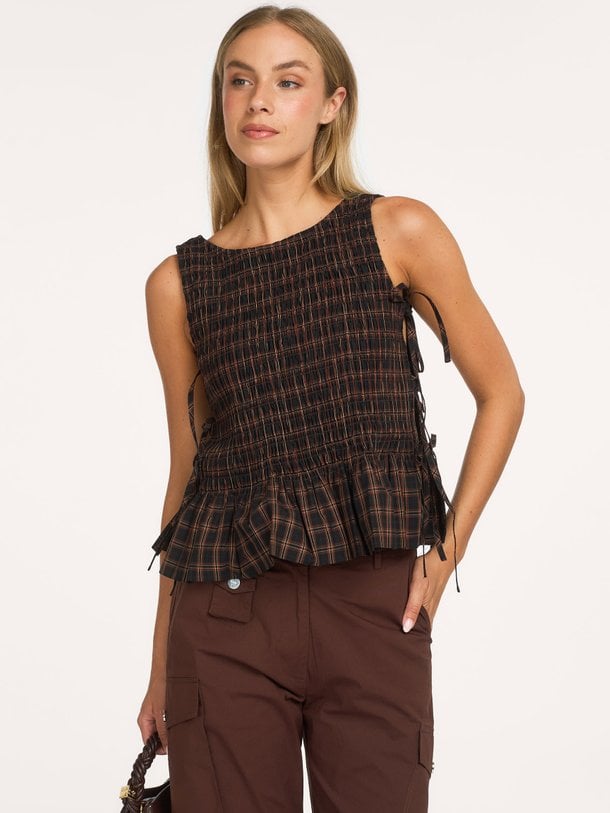 Yarn Dyed Check Smocked Tie String Top Organic cotton geruite top