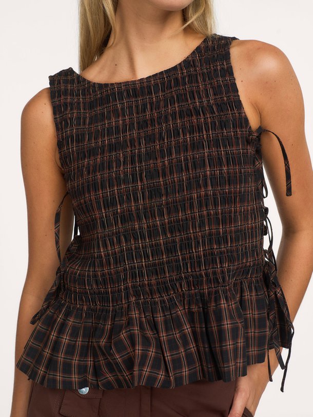 Yarn Dyed Check Smocked Tie String Top Organic cotton geruite top