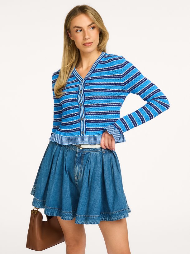 Cotton Pointelle Stripe Cardigan Organic cotton gestreept vest