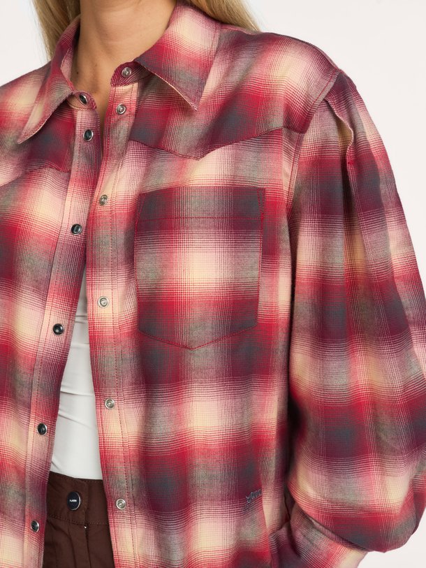Cotton Flannel Check Pleated Sleeve Shirt Organic cotton geruite blouse