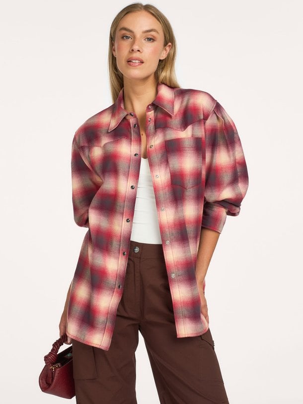 Cotton Flannel Check Pleated Sleeve Shirt Organic cotton geruite blouse