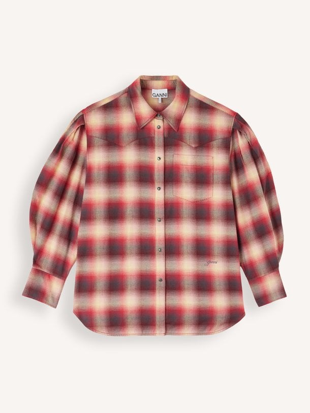 Cotton Flannel Check Pleated Sleeve Shirt Organic cotton geruite blouse