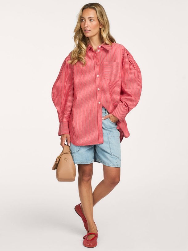 Oxford Stripe Pleated Sleeve Shirt Organic cotton gestreepte blouse