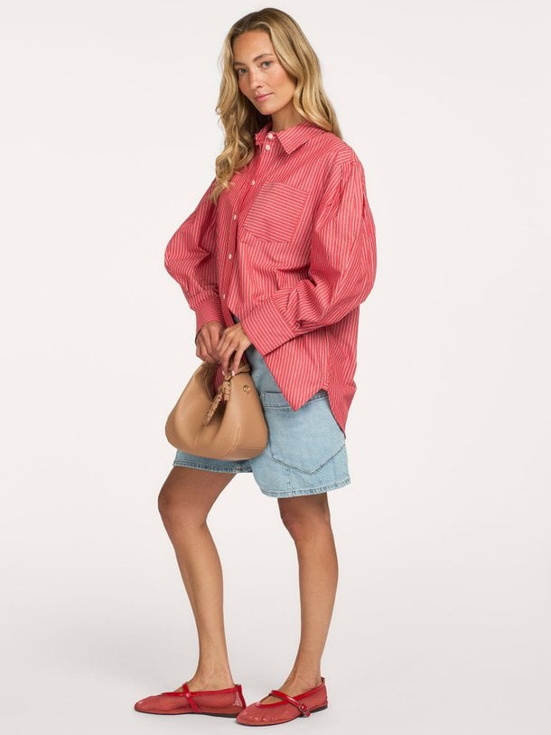 Oxford Stripe Pleated Sleeve Shirt Organic cotton gestreepte blouse