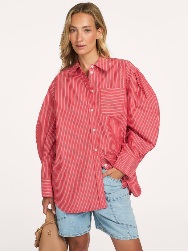 Oxford Stripe Pleated Sleeve Shirt Organic cotton gestreepte blouse