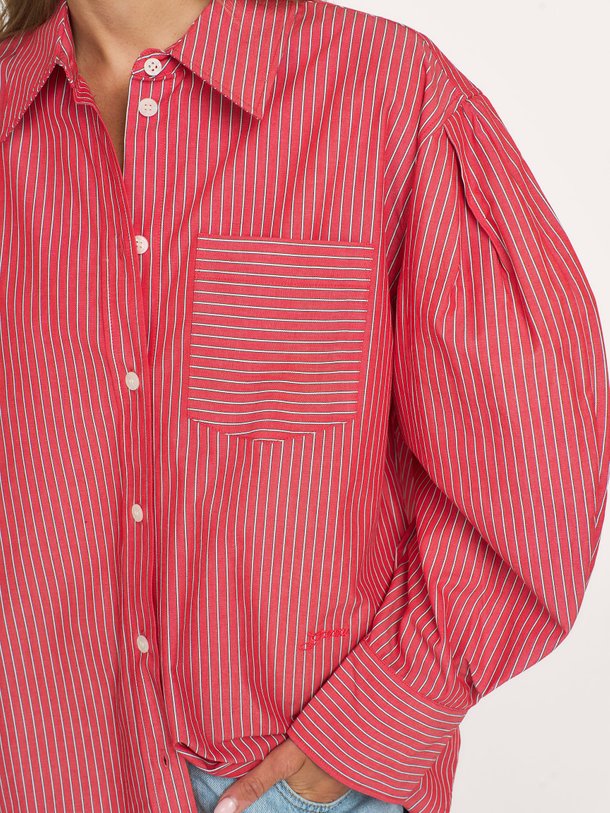 Oxford Stripe Pleated Sleeve Shirt Organic cotton gestreepte blouse