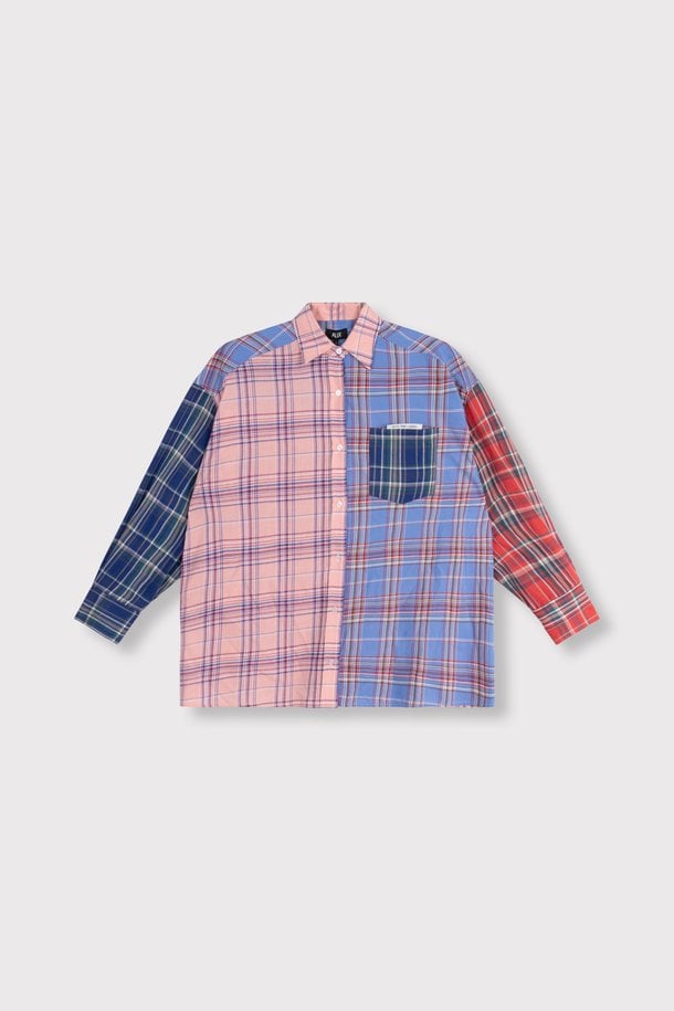 ladies woven check mix blouse Katoenen geruite blouse met logo