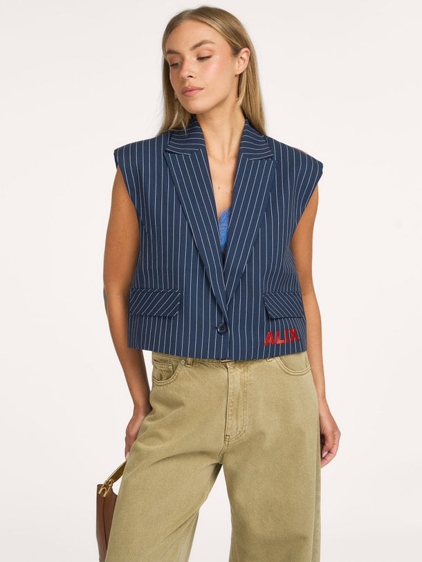 ladies woven striped waistcoat Viscosemix gestreept gilet met logo
