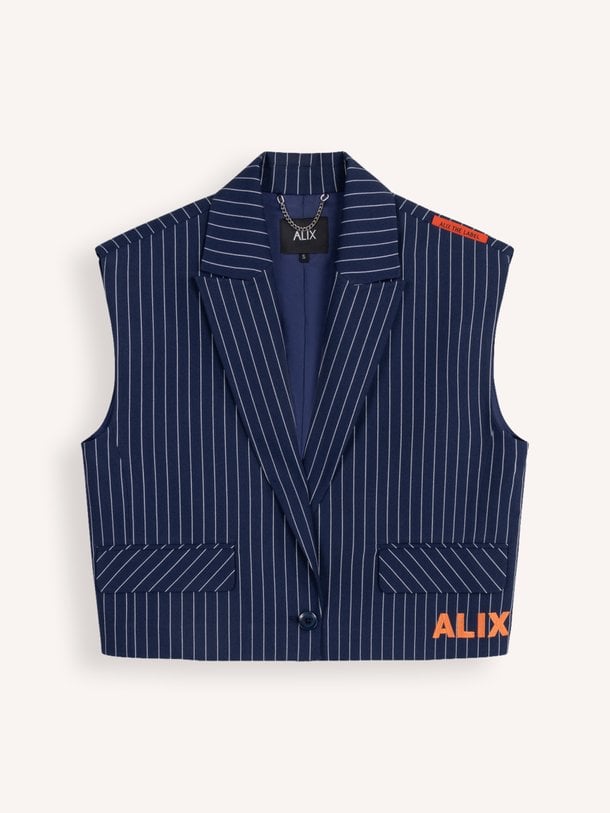 ladies woven striped waistcoat Viscosemix gestreept gilet met logo