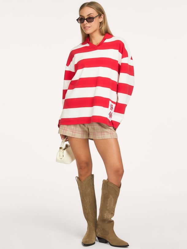 ladies knitted block stripe polo sweater Katoen gestreepte sweater