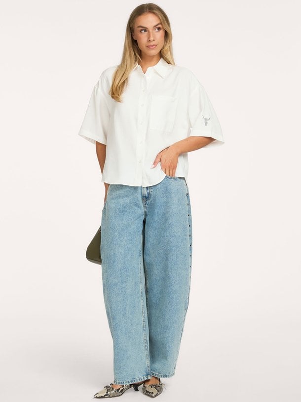 ladies woven studded barrel denim pants High waist barrel fit jeans met studs