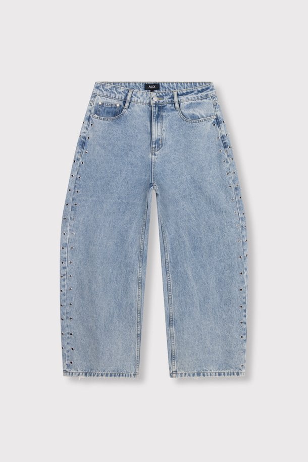 ladies woven studded barrel denim pants High waist barrel fit jeans met studs