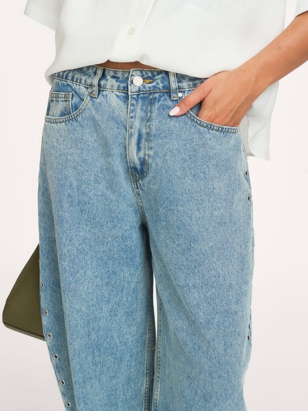 ladies woven studded barrel denim pants High waist barrel fit jeans met studs