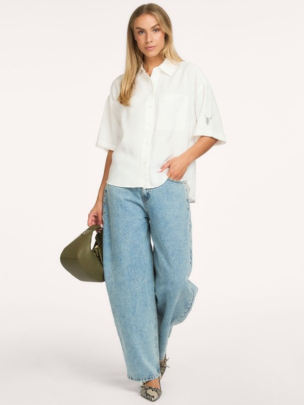 ladies woven studded barrel denim pants High waist barrel fit jeans met studs
