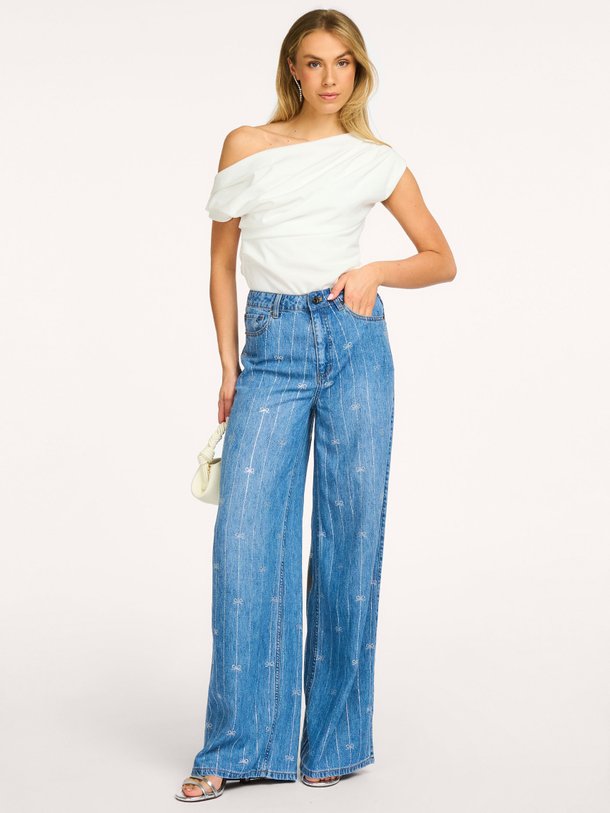 High waist wide leg jeans met strass