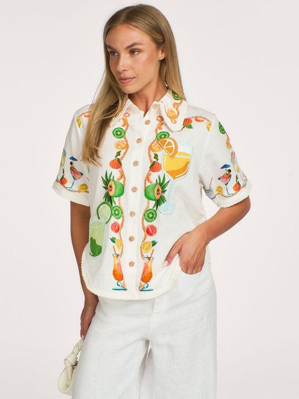 biricutico, viscose/linnenmix blouse met print