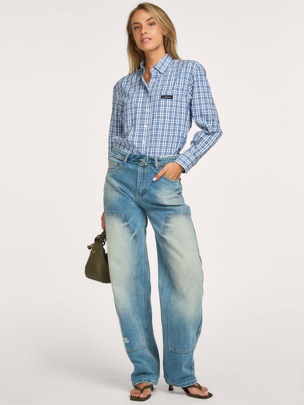 Geweven geruite blouse