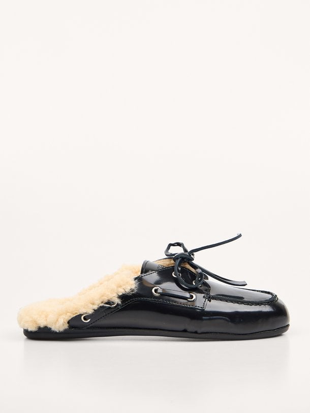 Boat Loafer Mule Fur - Box Leather Lederen loafers