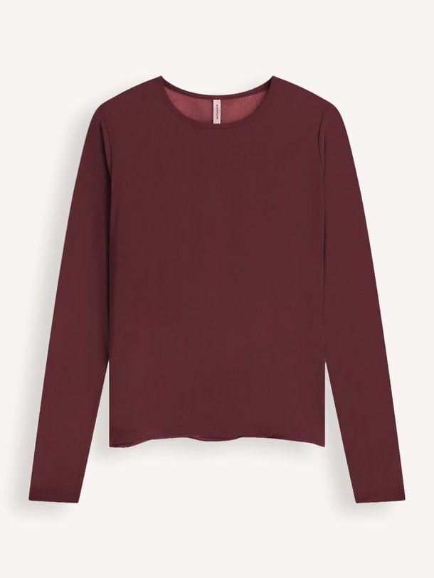 Round Neck Top Long Sleeve Mesh Solid Geweven mesh top